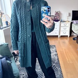 Elegant Teal 100% Wool Cable Knit Duster Cardigan